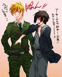  2boys angry axis_powers_hetalia belt black_hair blonde_hair blush commentary_request eyebrows gloves green_eyes heart highres japan_(hetalia) japanese_clothes male_focus military military_uniform multiple_boys necktie print_ornament slapping sushi_(artist) sweatdrop tears translated uniform union_jack united_kingdom_(hetalia) 