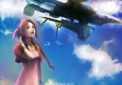  adjusting_hair aerith_gainsborough aircraft airship bad_id bad_pixiv_id brown_hair cloud cropped_jacket day dodon_(reina) dress female final_fantasy final_fantasy_vii flying green_eyes pink_dress sky smile solo 