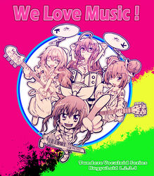  4girls aisaka_taiga band circle commentary_request cosplay crossover drum drum_set foreshortening guitar gumi gumi_(cosplay) hatsune_miku hatsune_miku_(cosplay) hayate_no_gotoku! headset instrument kagamine_rin kagamine_rin_(cosplay) keytar kugimiya_rie long_hair louise_francoise_le_blanc_de_la_valliere megurine_luka megurine_luka_(cosplay) microphone monochrome multiple_crossover multiple_girls photoshop_(medium) pink_theme pointing sanzen&#039;in_nagi shakugan_no_shana shana tanashi_(mk2) toradora! twintails vocaloid voice_actor_connection zero_no_tsukaima 