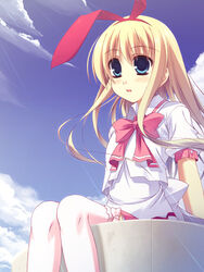  amae_koromo bad_id bad_pixiv_id blonde_hair blue_eyes bow cloud day female hairband long_hair moriguchi_yuu pink_skirt saki_(manga) skirt sky solo thighhighs zettai_ryouiki 