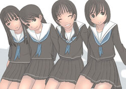  4girls :o ^_^ ^o^ black_eyes black_serafuku blunt_bangs brown_hair closed_eyes copyright_request everyone facing_viewer head_tilt kiriman_(souldeep) long_hair long_sleeves looking_at_viewer looking_to_the_side low_twintails multiple_girls neckerchief pleated_skirt school_uniform serafuku short_hair short_twintails sitting skirt smile swept_bangs twintails 