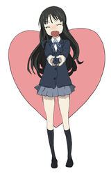  akiyama_mio black_hair blunt_bangs blush closed_eyes commentary_request female heart k-on! legs long_hair moe_moe_kyun! murasaki_hisato sakuragaoka_high_school_uniform school_uniform solo 