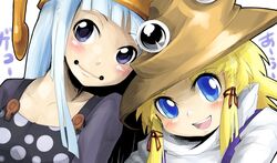  2girls :d blonde_hair blue_eyes blue_hair blush commentary_request crossover eruka_frog hat long_hair moriya_suwako multiple_girls open_mouth oso_(toolate) parody polka_dot purple_eyes pyonta short_hair smile soul_eater touhou wizard_hat 