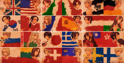  4girls 6+boys america_(hetalia) american_flag austria_(hetalia) austrian_flag axis_powers_hetalia bad_id bad_pixiv_id belarus_(hetalia) belarusian_flag canine china_(hetalia) feline finland_(hetalia) finnish_flag flag flag_background flower france_(hetalia) french_flag german_flag germany_(hetalia) greece_(hetalia) greek_flag hair_ribbon hana-tamago hand_fan highres hong_kong_(hetalia) hong_kong_regional_flag hungarian_flag hungary_(hetalia) italian_flag japan_(hetalia) japanese_flag kisaragi_manami korea_(hetalia) liechtenstein_(hetalia) liechtensteiner_flag lithuania_(hetalia) lithuanian_flag multiple_boys multiple_girls northern_italy_(hetalia) people&#039;s_republic_of_china_flag poland_(hetalia) polish_flag prussia_(hetalia) prussian_flag puppy republic_of_china_flag ribbon russia_(hetalia) russian_flag south_korean_flag southern_italy_(hetalia) spain_(hetalia) spanish_flag sweden_(hetalia) swedish_flag swiss_flag switzerland_(hetalia) taiwan_(hetalia) union_jack united_kingdom_(hetalia) 