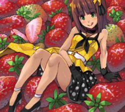  :q amami_haruka bad_drawr_id bad_id bare_shoulders brown_hair female food fruit goe green_eyes hair_ribbon idolmaster idolmaster_(classic) live_for_venus_(idolmaster) oekaki ribbon sitting solo strawberry tongue tongue_out 