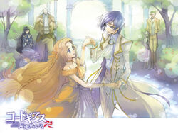  2girls 4boys absurdres charles_zi_britannia code_geass cup dancing drinking_glass family good_end highres jeremiah_gottwald kimura_takahiro lelouch_vi_britannia logo marianne_vi_britannia monocle monocle_chain multiple_boys multiple_girls nunnally_vi_britannia ookouchi_ricca v.v. wine_glass 