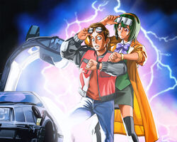  1980s_(style) 1boy back_to_the_future car commentary_request crossover delorean ebinera female green_hair gullwing_doors idolmaster idolmaster_(classic) lightning marty_mcfly mole mole_under_mouth motor_vehicle otonashi_kotori parody retro_artstyle sleeves_rolled_up thighhighs time_machine 