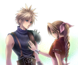  1boy aerith_gainsborough bad_id bad_pixiv_id blonde_hair blue_eyes blush bow braid brown_hair cloud_strife couple cropped_jacket dodon_(reina) drill_hair female final_fantasy final_fantasy_vii green_eyes long_hair pink_bow ponytail single_braid sleeveless sleeveless_turtleneck spiked_hair straight turtleneck 