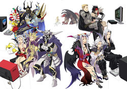  3girls arita_youko armor barefoot blonde_hair brown_hair cape chaos_(dff) cloud_of_darkness clown commentary_request cosmos_(dff) crossed_arms dissidia_final_fantasy dress emperor_(ff2) everyone exdeath extra_arms famicom feet final_fantasy final_fantasy_5 final_fantasy_i final_fantasy_ii final_fantasy_iii final_fantasy_iv final_fantasy_ix final_fantasy_vi final_fantasy_vii final_fantasy_viii final_fantasy_x final_fantasy_xi final_fantasy_xii gabranth_(ff12) game_console garland_(ff1) golbez grey_hair handheld_game_console headband helmet highres horns in-franchise_crossover jecht kefka_palazzo kuja multiple_girls nintendo_ds playing_games playstation_1 playstation_2 playstation_portable pocketstation prostration sephiroth smile snake spoilers super_famicom tarutaru tattoo television ultimecia video_game white_hair wings 