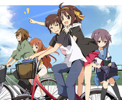  &gt;_&lt; 2boys 3girls :d ahoge arms_around_waist asahina_mikuru bag bare_legs bicycle bicycle_basket black_pants black_socks blonde_hair blue_pants blue_sailor_collar blue_skirt blue_sky blush book brown_eyes brown_hair casual closed_eyes closed_mouth cloud commentary_request day hair_ribbon hairband hand_on_another&#039;s_shoulder holding holding_book hood hood_down hoodie hug hug_from_behind ixy kita_high_school_uniform kneehighs koizumi_itsuki kyon long_hair multiple_boys multiple_girls multiple_riders nagato_yuki neckerchief open_book open_mouth orange_hairband outdoors outstretched_arm pants pillion pointing purple_hair reading red_skirt ribbon riding sailor_collar school_bag school_uniform serafuku shirt short_hair sidesaddle sitting_sideways skirt sky smile socks standing summer_uniform suzumiya_haruhi suzumiya_haruhi_no_yuuutsu sweatdrop t-shirt 