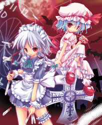  2girls bat_wings blue_hair braid can commentary_request hat izayoi_sakuya knife maid_headdress moon ms06s multiple_girls photoshop_(medium) red_eyes red_moon remilia_scarlet short_hair touhou twin_braids white_hair wings 