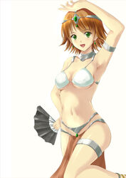  armpits awakened_miki bikini brown_hair circlet commentary_request cosplay dancer&#039;s_costume_(dq) dragon_quest dragon_quest_iv earrings female green_eyes hand_fan hoshii_miki idolmaster idolmaster_(classic) jewelry koni loincloth manya_(dq4) manya_(dq4)_(cosplay) navel pelvic_curtain photoshop_(medium) short_hair solo swimsuit white_bikini 