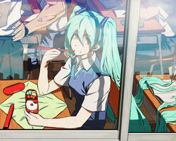  2boys 2girls age_difference alternate_costume aqua_eyes aqua_hair bento black_hair book breasts building chair chopsticks chopsticks_in_mouth cityscape classroom collared_shirt commentary_request desk eating eating_during_class food food_on_face hair_between_eyes hair_ornament hand_on_own_hip hatsune_miku holding indoors long_hair looking_at_viewer looking_back lunch multiple_boys multiple_girls muscular open_book pants pen photoshop_(medium) pleated_skirt reflection rice school_desk school_uniform shirt short_sleeves silhouette sitting skirt skyscraper small_breasts solo_focus sweater_vest teacher twintails veins very_long_hair vocaloid watch window wristwatch writing yoshimura_ken&#039;ichirou 