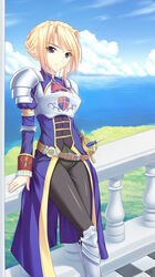  armor athrun1120 bad_id bad_pixiv_id belt blonde_hair cloud day female hair_up ocean photoshop_(medium) princess_lover purple_eyes shiny_clothes short_hair silvia_van_hossen skin_tight smile solo spandex sword water weapon 