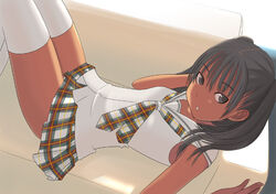  black_eyes black_hair copyright_request couch dark-skinned_female dark_skin female kiriman_(souldeep) lying miniskirt on_back on_couch panties pantyshot parted_lips plaid plaid_skirt pleated_skirt school_uniform serafuku short_twintails simple_background skirt sleeveless solo thighhighs twintails underwear white_background white_panties white_thighhighs zettai_ryouiki 