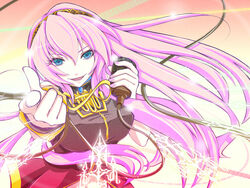  blue_eyes breasts cable commentary_request crop_top female haru_aki holding holding_microphone long_hair looking_at_viewer luka_luka_night_fever_(vocaloid) medium_breasts megurine_luka microphone midriff nail_polish navel pink_hair pink_nails pointing pointing_at_viewer samfree_(&quot;night&quot;_songs) smile solo upper_body vocaloid 