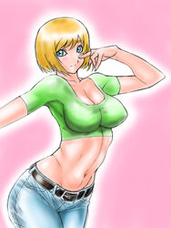  babydoll_t-shirt blonde_hair blue_eyes blush breasts cleavage commentary_request copyright_request crop_top cropped_shirt denim female jeans large_breasts midriff navel pants short_hair solo temenniguru 