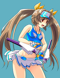  bad_id bad_pixiv_id bare_shoulders bow breasts brown_hair female gloves hasumi_eri long_hair lowres medium_breasts midriff miniskirt norapen red_eyes ribbon skirt solo tonfa twintails vanguard_princess visor_cap weapon yellow_bow 