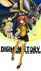  2girls aiba_ami alphamon armor artist_request bandai bangs black_gloves black_skirt blonde_hair breasts cape digimon digimon_story:_cyber_sleuth female full_armor gloves hair_between_eyes kuremi_kyouko long_hair looking_at_viewer miniskirt monster multiple_girls red_hair royal_knights shirt shoes short_sleeves skirt smile standing thighhighs twintails very_long_hair white_shirt yellow_legwear yellow_shirt yellow_shoes zettai_ryouiki 