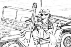  2018 3:2 anthro armor army big_breasts black_and_white breasts canid canine car clothed clothing english_text female fox headgear headwear helmet hi_res inside_car jeep komododad mammal military military_police monochrome peggy_patterson soldier solo text text_on_clothing text_on_headwear text_on_helmet text_on_topwear topwear uniform vehicle warrior 