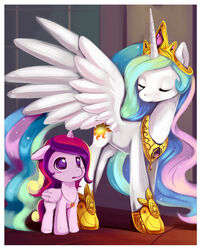  2013 alicorn blush border carpet closed_eyes clothing crown cutie_mark duo ende equid equine feathered_wings feathers female feral footwear friendship_is_magic fur gem hair hasbro headgear horn inside jewelry long_hair looking_away mammal multicolored_hair my_little_pony mythological_creature mythological_equine mythology necklace open_mouth pink_body pink_fur princess princess_cadance_(mlp) princess_celestia_(mlp) purple_eyes royalty shoes smile white_body white_border white_fur window wing_boner wings young young_feral 