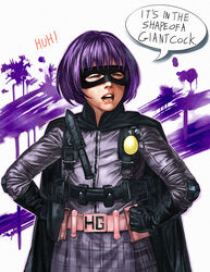  belt belt_pouch bob_cut cape commentary_request english_text female gun handgun hands_on_own_hips highres hit-girl holster kick-ass mad_(artist) mask painttool_sai_(medium) plaid plaid_skirt pouch purple_hair realistic short_hair skirt solo weapon 