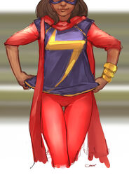  bracelet brown_hair darren_geers emblem female head_out_of_frame jewelry kamala_khan marvel ms._marvel scarf shirt_lift smile solo thigh_gap tight_pants upper_body 