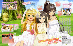  3girls :d :o absurdres azuki_azusa black_hair blonde_hair brown_hair cloud day dress girl_sandwich gloves grass hair_ornament hairclip hentai_ouji_to_warawanai_neko. highres imoto_yuki multiple_girls official_art open_mouth outdoors sandwiched scan sky smile tiara tree tsutsukakushi_tsukiko tsutsukakushi_tsukushi wedding_dress 