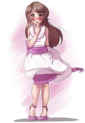  bad_link blush bow brown_eyes dress female high_heels highres lady_(pokemon) light_brown_hair pokemon pokemon_bw rf_(4chan) solo 