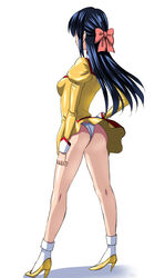  agent_aika aika_(series) artist_name ass blue_hair bobby_socks breasts delmogeny_uniform dress female from_behind full_body golden_delmo hair_ribbon half_updo hand_on_own_hip high_heels highleg highleg_panties juliet_sleeves kneepits long_hair long_sleeves medium_breasts panties pantyshot photoshop_(medium) pink_ribbon puffy_sleeves ribbon rie_petoriyacowa sen_(sansui) shadow socks solo standing thighs underwear uniform white_background white_panties wind wind_lift yellow_dress yellow_footwear 