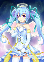  absurdres ahoge angel angel_wings aqua_ribbon bare_shoulders blue_hair blush bow_(weapon) breasts chinese_commentary closed_mouth collar collarbone commentary_request criss-cross_halter detached_collar dress elbow_gloves feathered_wings feiyyx female frilled_collar frilled_dress frills gloves hair_between_eyes hair_ribbon halo halterneck highres holding holding_bow_(weapon) holding_weapon long_hair looking_at_viewer medium_breasts miruno_(sennen_sensou_aigis) pink_wings purple_eyes ribbon sennen_sensou_aigis sidelocks sleeveless sleeveless_dress smile solo thighhighs twintails very_long_hair weapon white_dress white_gloves white_thighhighs wings 