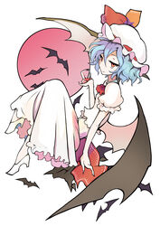  bat_(animal) bat_wings blue_hair bow commentary_request cup drinking_glass female hat hat_bow high_heels highres moon red_eyes red_moon remilia_scarlet solo touhou wine_glass wings yuugiri_(u-slash) 