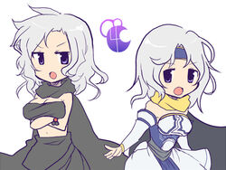  2girls armor cape cecil_harvey crossed_arms detached_sleeves female final_fantasy final_fantasy_iv final_fantasy_iv_the_after golbeza grey_hair headband long_hair multiple_girls open_mouth oshiruko_(tsume) purple_eyes rule_63 sarashi siblings silver_hair sisters skirt tsume_(artist) 