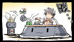  1boy 4girls :3 :d admiral_(kancolle) aircraft airplane brown_hair cha_(kancolle) chibi commentary_request cup fairy_(kancolle) green_eyes hiyoko_(kancolle) ishiki_(okota) kantai_collection kotatsu midori_(kancolle) multiple_girls open_mouth rashinban_musume rensouhou-chan saiun_(kancolle) size_difference smile table teapot translation_request yukikaze_(kancolle) yunomi |_| 