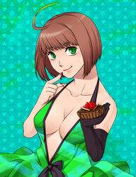  ahoge bad_anatomy bad_id bad_pixiv_id bare_shoulders beatmania_iidx breasts brown_hair dress female food gloves green_dress green_eyes halter_dress halterneck large_breasts namaenadonai plunging_neckline short_hair single_glove smile solo tart_(food) 