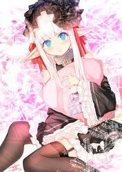  absurdres black_dress blue_eyes blush bow brown_thighhighs closed_mouth collar commentary detached_sleeves dress female frilled_dress frilled_sleeves frills garter_straps hair_ribbon highres hugging_object leaning_to_the_side long_hair long_sleeves maou_no_ore_ga_dorei_elf_wo_yome_ni_shitanda_ga_dou_medereba_ii? menghuan_tian metal_collar nephelia pillow pillow_hug pointy_ears red_ribbon ribbon see-through signature sitting sleeveless sleeveless_dress solo thighhighs very_long_hair wavy_mouth white_bow white_hair wide_sleeves yokozuwari 