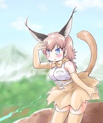  animal_ears arm_up artist_logo belt blue_eyes blue_sky blush bow bowtie brown_bow brown_bowtie brown_gloves brown_hair brown_skirt brown_thighhighs caracal_(kemono_friends) commentary_request cross-laced_clothes day ear_tufts elbow_gloves extra_ears female gloves high-waist_skirt highres kemono_friends long_hair mountain outdoors shirt skirt sky sleeveless sleeveless_shirt solo tail thighhighs traditional_bowtie uho_(uhoyoshi-o) white_belt 