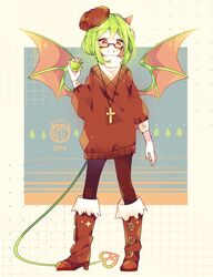  2016 apple beret black_pantyhose boots buttons colored_skin cross cross_necklace dated demon_girl demon_horns demon_tail demon_wings female food fruit full_body funamusea glasses green_apple green_hair green_wings grid_background haiiro_teien hair_between_eyes hat highres holding holding_food holding_fruit horns jewelry kamochiru light_blush necklace pantyhose red-framed_eyewear red_eyes red_footwear red_sweater semi-rimless_eyewear shirt short_hair sidelocks single_horn smile solo standing sweater tail teeth watermark white_shirt white_skin wings yosafire_(funamusea) 