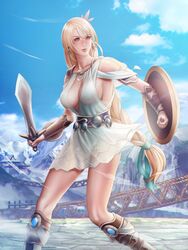  audia_pahlevi blonde_hair breasts cleavage gladiator_sandals ruins sandals shield solo sophitia_alexandra soul_calibur sword 