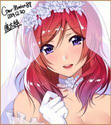  :d artist_name bad_id bad_twitter_id bare_shoulders breasts bridal_veil choker cleavage comiket_87 dated female flower gloves hair_flower hair_ornament looking_at_viewer love_live! love_live!_school_idol_project mataro_(matarou) medium_breasts medium_hair nishikino_maki open_mouth purple_eyes red_hair signature smile solo veil white_gloves 