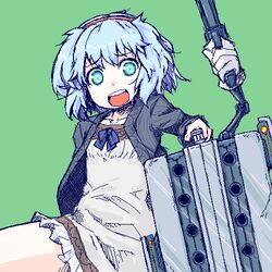  aqua_eyes artist_request bad_id blazer blue_hair bow female futaba_channel green_background gun hairband handgun jacket lowres naruko_(ohyo) oekaki short_hair simple_background skirt solo suitcase weapon 