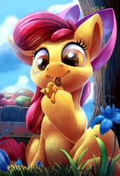  2017 accessory age_difference apple apple_bloom_(mlp) applejack_(mlp) ass blonde_hair bow_(feature) bow_accessory bow_ribbon bucket centered_hair_bow clothing cloud container cutie_mark duo earth_pony equid equine eye_contact female feral flower food friendship_is_magic fruit fur grass hair hair_accessory hair_ribbon hairbow hasbro hat headgear headwear hi_res hooves horse long_hair looking_at_another mammal micro my_little_pony outside plant poison_joke pony ponytail red_hair red_tail ribbons sibling_(lore) sister_(lore) sisters_(lore) sitting size_difference smile tail tree tsitra360 underhoof yellow_body yellow_fur young 