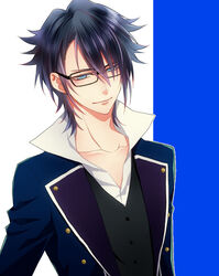  1boy bad_id bad_pixiv_id black_hair blue_eyes fushimi_saruhiko glasses k-project long_coat male_focus okomochi photoshop_(medium) solo sword weapon 