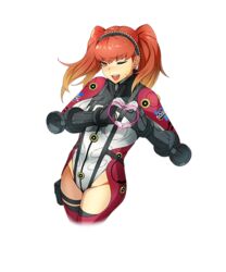  bertha_bernstein blush cropped_legs female gradient_hair hairband heart heart_hands holster long_hair multicolored_hair nose_blush official_art one_eye_closed open_mouth orange_hair red_eyes red_hair solo super_robot_wars sweatdrop teeth thigh_holster transparent_background twintails two-tone_hair upper_teeth_only watanabe_wataru_(character_designer) 