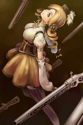  beret blonde_hair breasts brown_thighhighs commentary_request corset detached_sleeves drill_hair female fingerless_gloves gloves gun hair_ornament hairpin hat kurio large_breasts magical_girl magical_musket mahou_shoujo_madoka_magica mahou_shoujo_madoka_magica_(anime) pleated_skirt puffy_sleeves ribbon rifle shirt skirt solo striped_clothes striped_thighhighs taut_clothes taut_shirt thighhighs tomoe_mami tomoe_mami_(magical_girl) twin_drills twintails vertical-striped_clothes vertical-striped_thighhighs weapon yellow_eyes zettai_ryouiki 