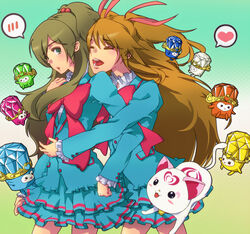  2girls ^_^ aria_gakuen_school_uniform blue_shirt bow brown_hair closed_eyes commentary_request creature dory dress fary feline frills green_background green_eyes half_updo happy houjou_hibiki hug hug_from_behind huge_bowtie hummy_(suite_precure) kamatodo lary long_hair minamino_kanade miry multiple_girls pink_bow precure rery ribbon school_uniform shirt sory suite_precure tiry two_side_up 