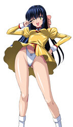  ;d agent_aika aika_(series) arm_up ass_visible_through_thighs blue_hair bobby_socks bow bow_panties breasts brown_eyes cameltoe crotch_seam delmogeny_uniform dress female golden_delmo hair_ribbon half_updo hand_on_own_hip highleg highleg_panties juliet_sleeves long_hair long_sleeves looking_at_viewer looking_down medium_breasts one_eye_closed open_mouth panties pantyshot photoshop_(medium) pink_ribbon presenting puffy_sleeves ribbon rie_petoriyacowa sen_(sansui) smile socks solo standing teeth thighs underwear uniform upper_teeth_only upskirt v white_background white_panties white_socks yellow_dress 