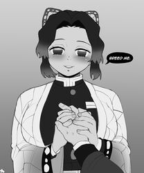  1boy 1girls blackwhiplash blush butterfly_hair_ornament bwl clothed clothed_female clothes clothing demon_slayer female female_focus hair_ornament holding_hand impregnation_request kimetsu_no_yaiba kochou_shinobu monochrome smile smiling tagme text tomioka_giyuu 