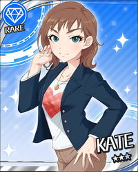  aqua_eyes artist_request blue_background brown_hair brown_pants card_(medium) character_name female freckles gem_(symbol) idolmaster idolmaster_cinderella_girls jewelry kate_(idolmaster) necklace official_art pants short_hair solo sparkle 