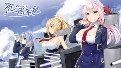  3girls aircraft airplane armpits astoria_(azur_lane) azur_lane blonde_hair blue_hair breasts cleavage commentary_request hair_ornament jacket large_breasts long_hair multiple_girls necktie pink_hair ponytail quincy_(azur_lane) sky-freedom translated twintails v vincennes_(azur_lane) 